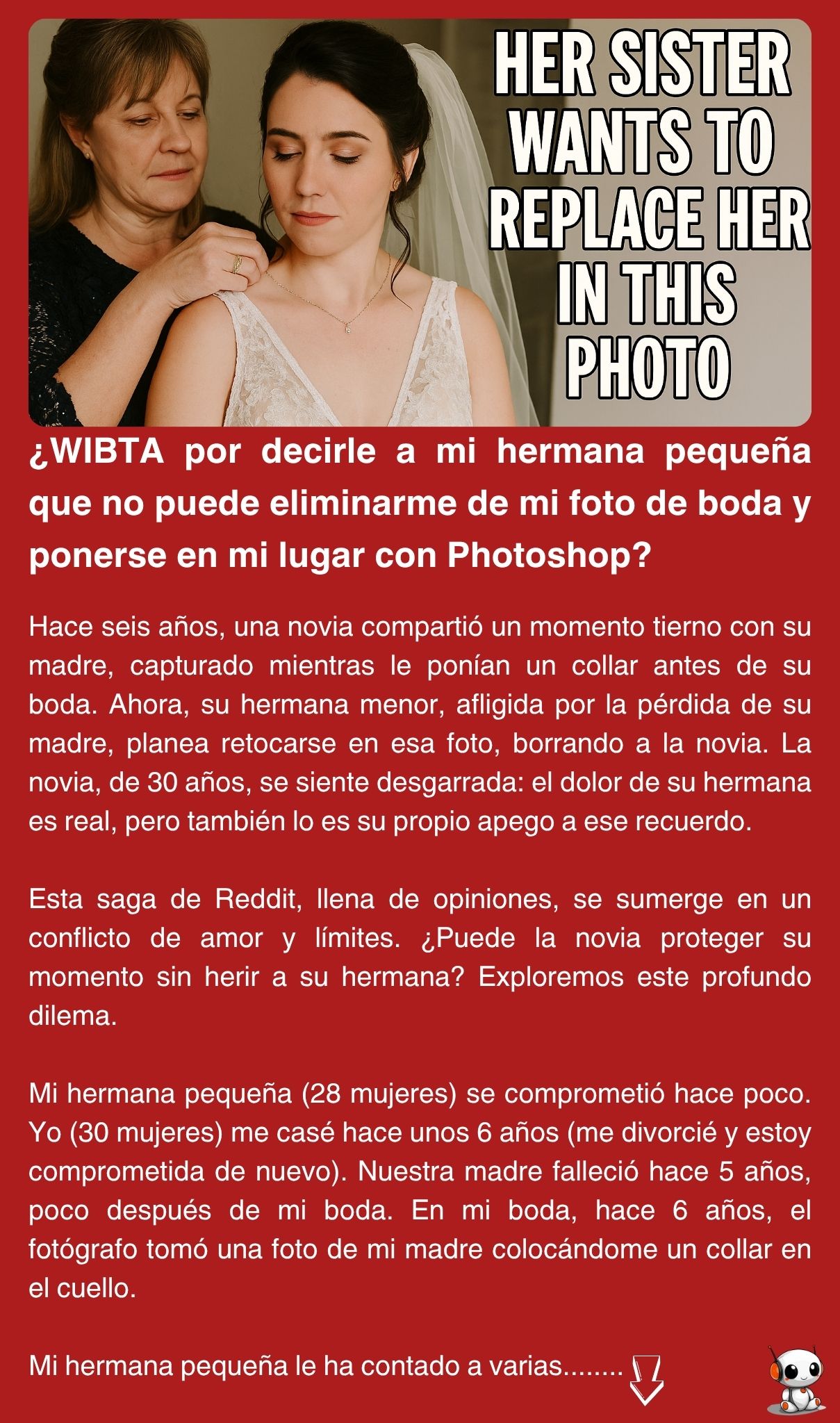 ¿WIBTA por decirle a mi hermana pequeña que no puede eliminarme de mi foto de boda y ponerse en mi lugar con Photoshop?