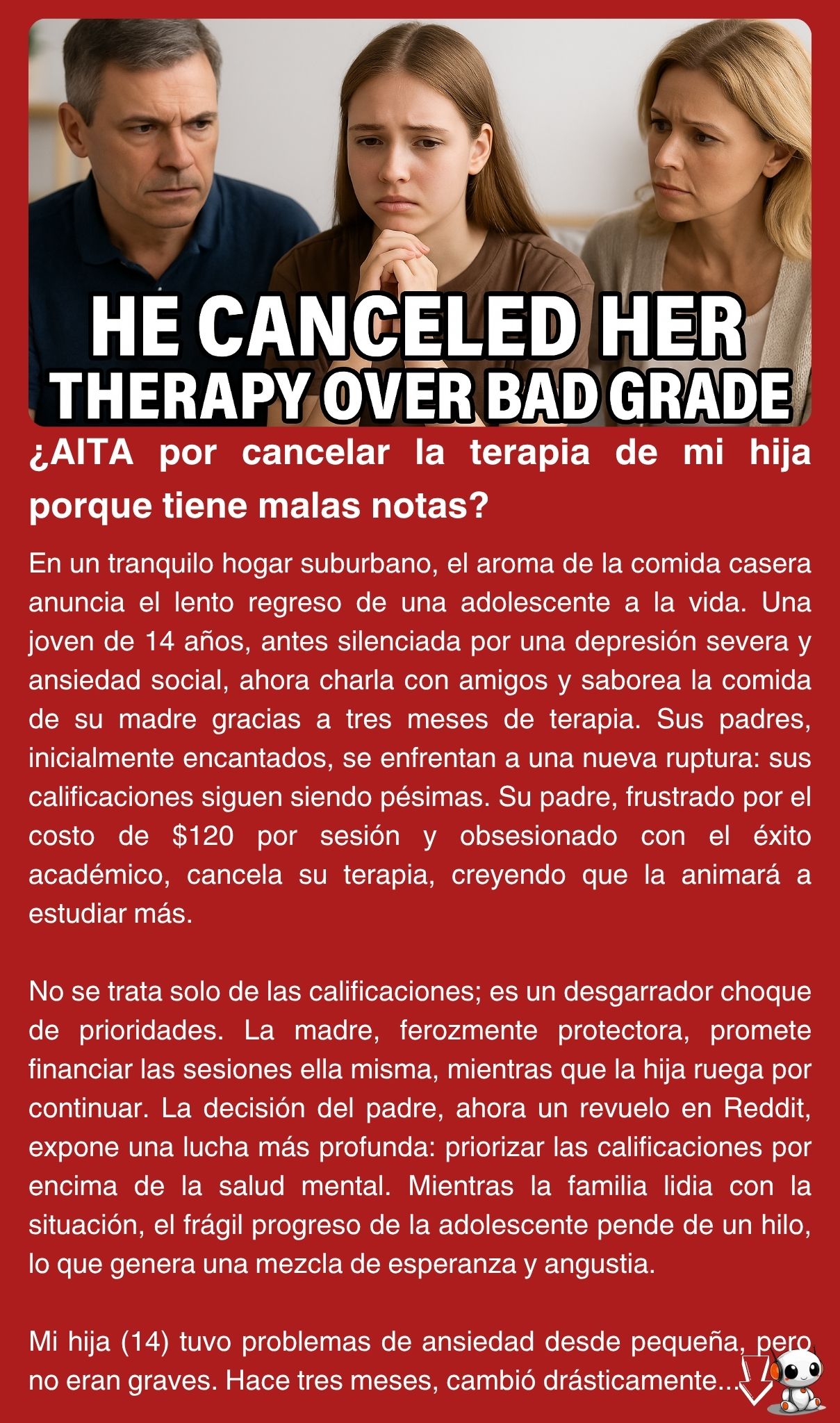 ¿AITA por cancelar la terapia de mi hija porque tiene malas notas?