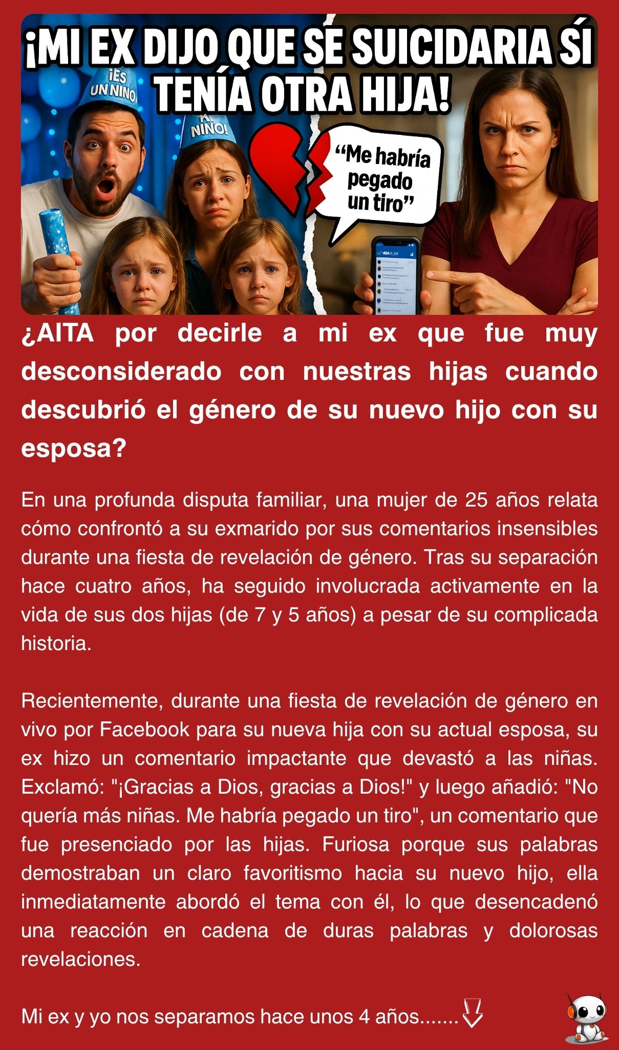 ¿AITA por decirle a mi ex que fue muy desconsiderado con nuestras hijas cuando descubrió el género de su nuevo hijo con su esposa?