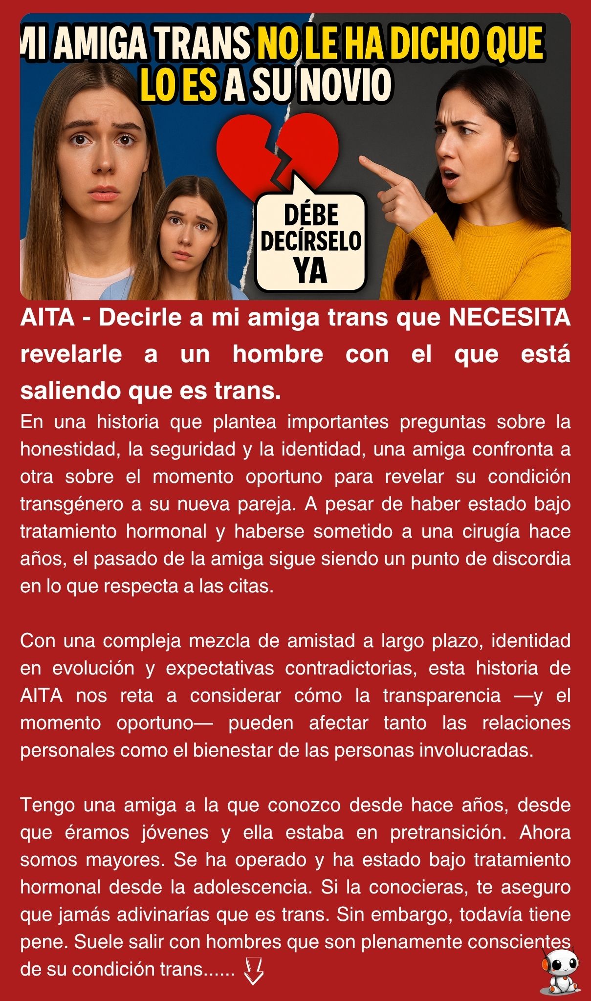 AITA – Decirle a mi amiga trans que NECESITA revelarle a un hombre con el que está saliendo que es trans.