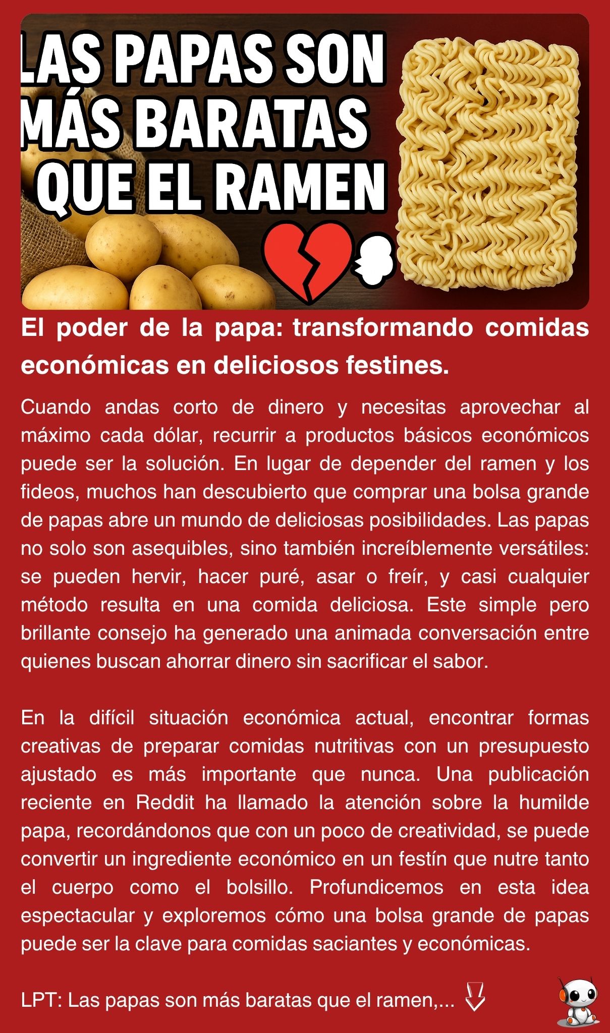 El poder de la papa: transformando comidas económicas en deliciosos festines.