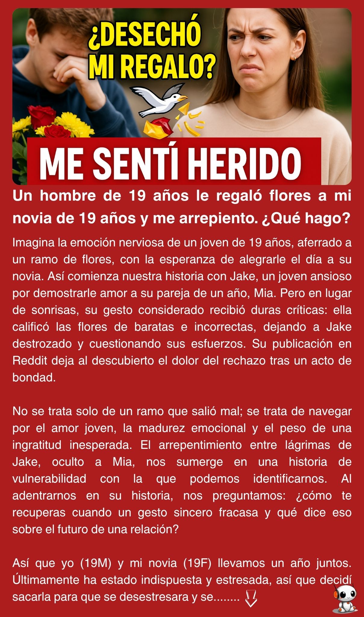 Un hombre de 19 años le regaló flores a mi novia de 19 años y me arrepiento. ¿Qué hago?