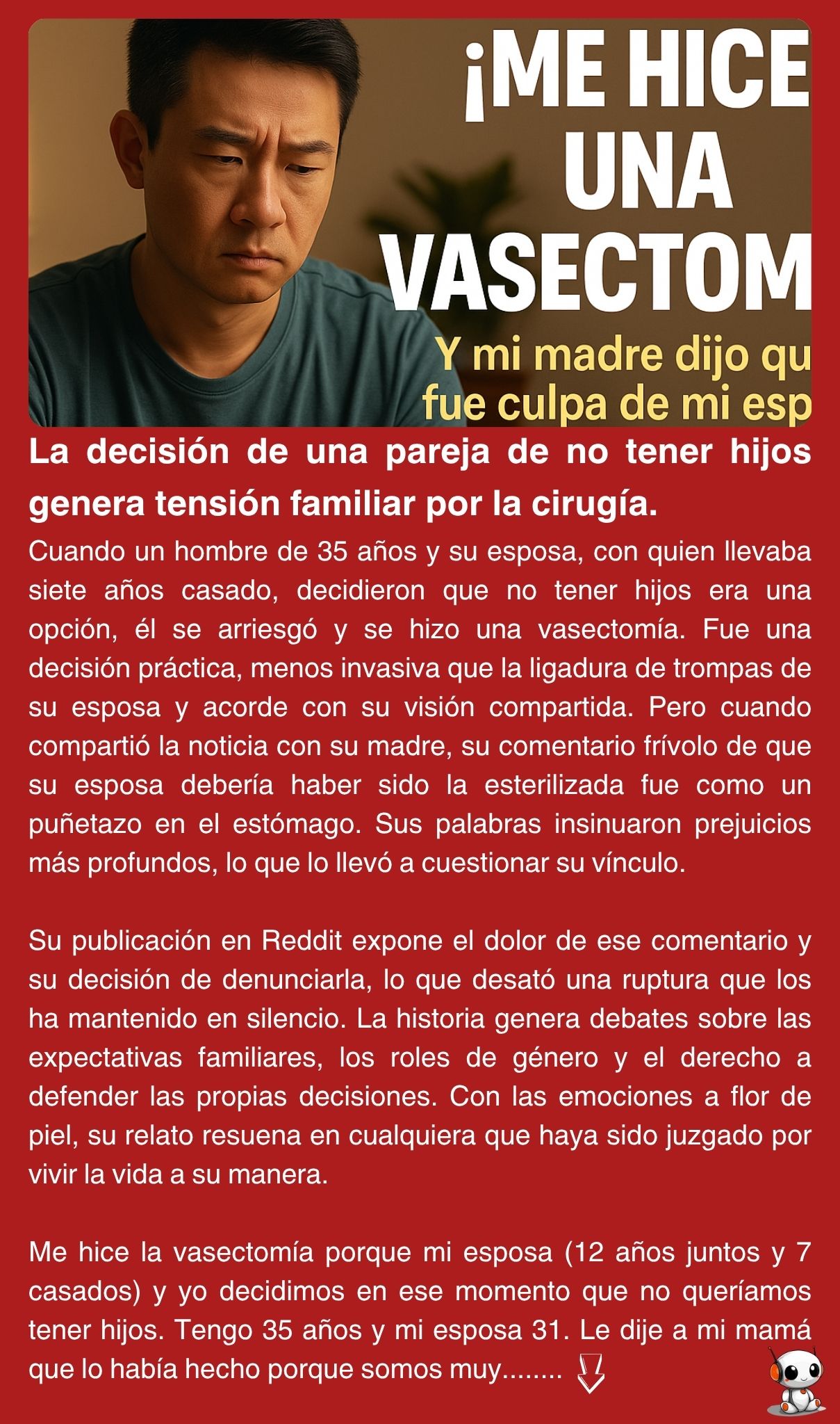 La decisión de una pareja de no tener hijos genera tensión familiar por la cirugía.