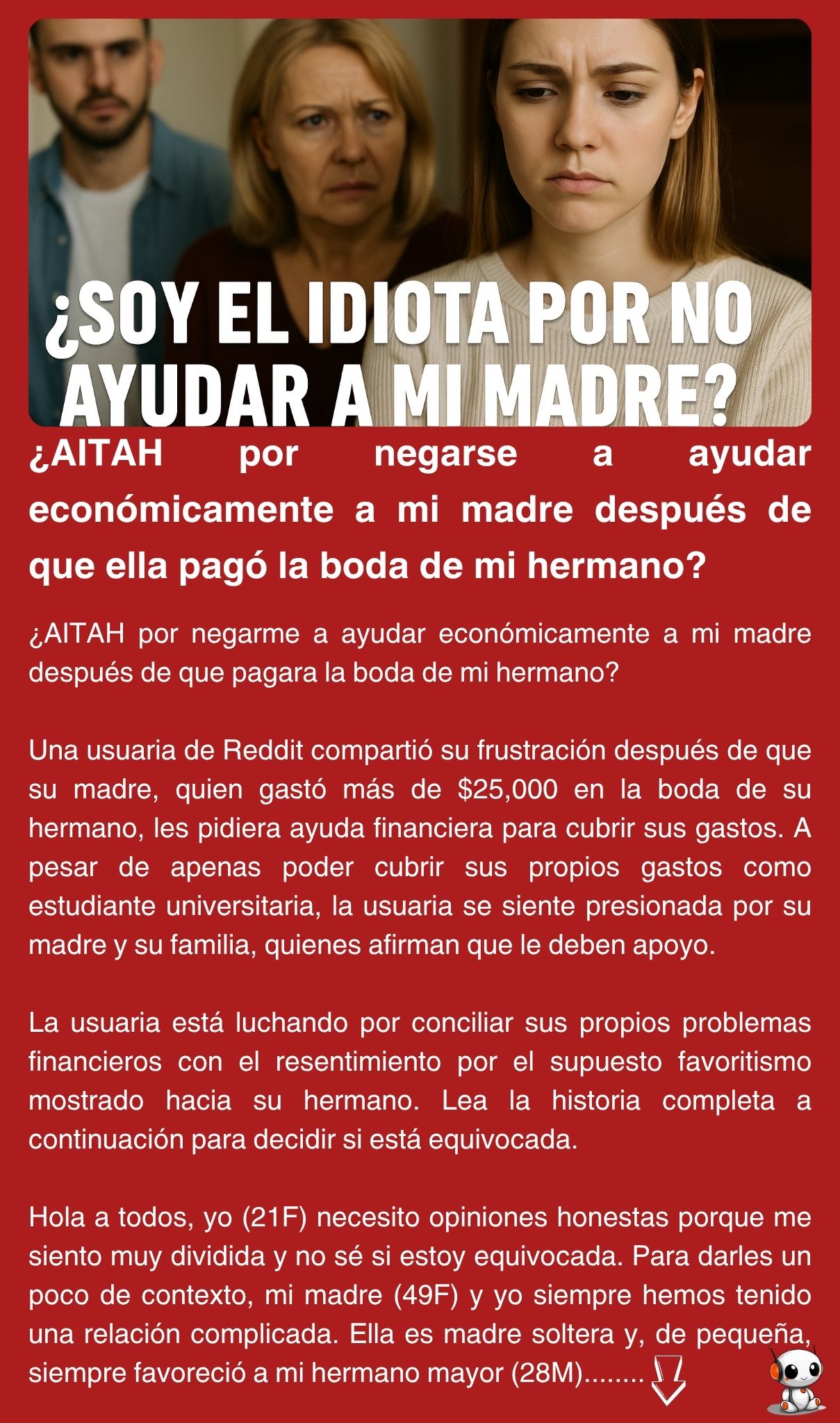 ¿AITAH por negarse a ayudar económicamente a mi madre después de que ella pagó la boda de mi hermano?