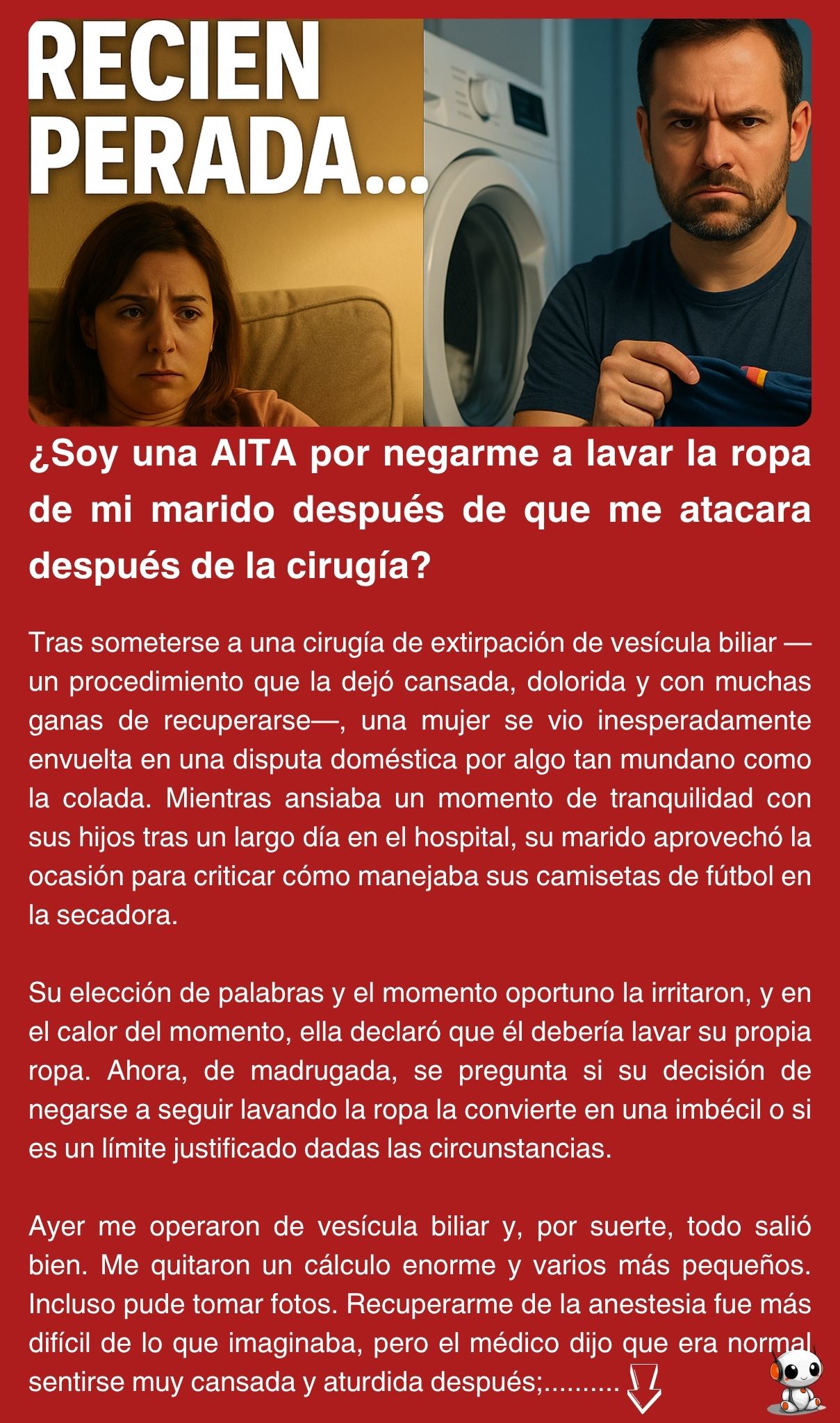 ¿Soy una AITA por negarme a lavar la ropa de mi marido después de que me atacara después de la cirugía?