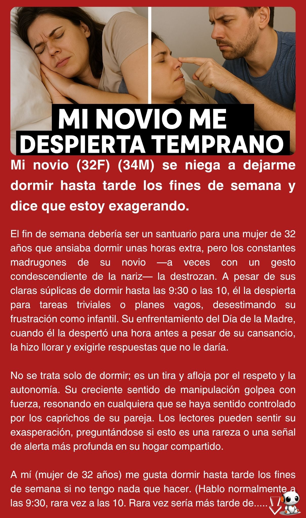 Mi novio (32F) (34M) se niega a dejarme dormir hasta tarde los fines de semana y dice que estoy exagerando.