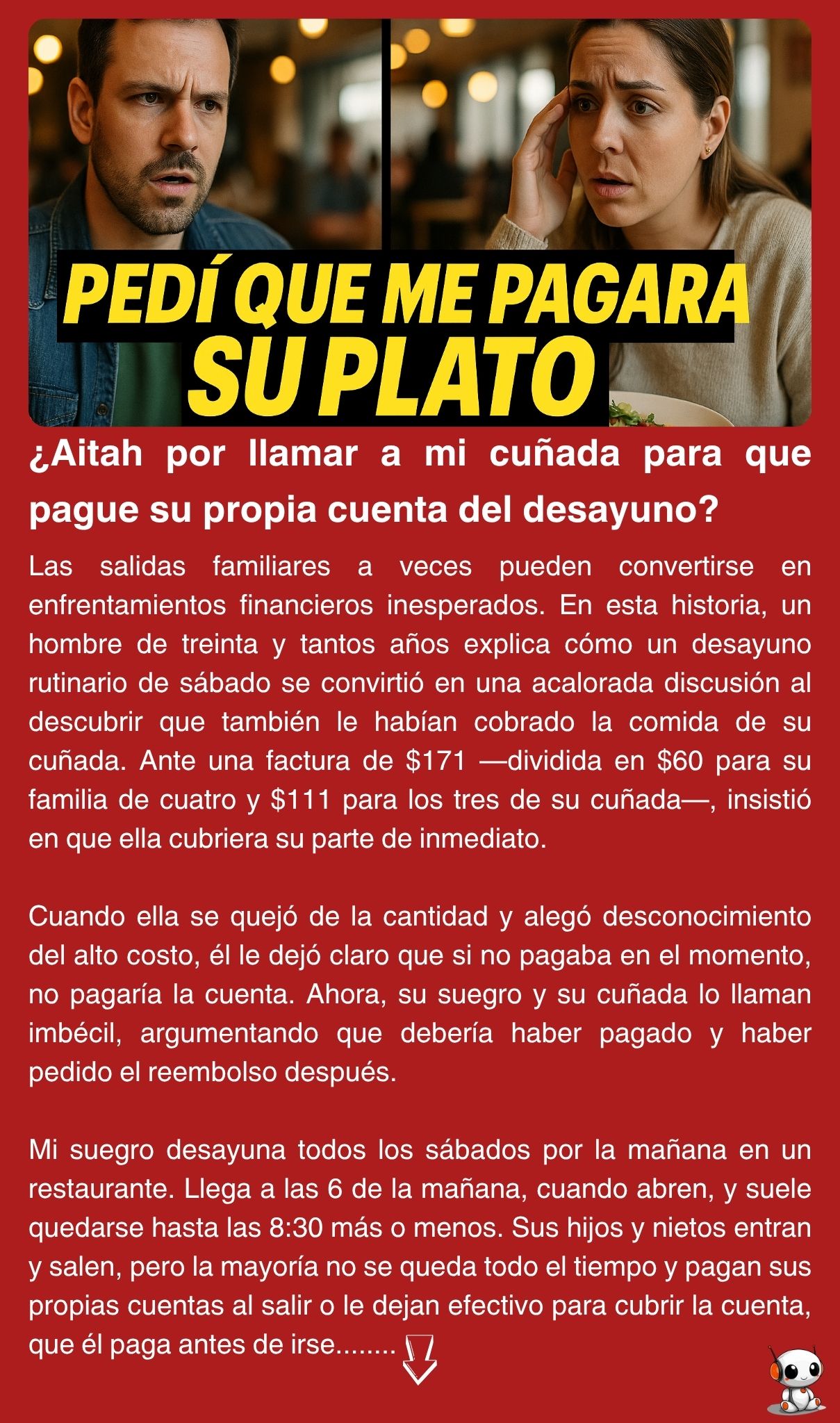 ¿Aitah por llamar a mi cuñada para que pague su propia cuenta del desayuno?